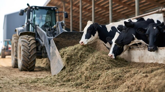Farm tractor delivering fodder for dairy cows feeding