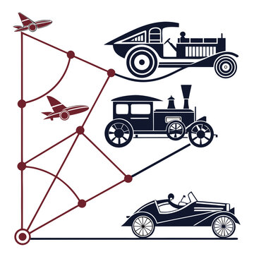 Retro transportation infographic vector with vintage cars and airplanes connected by lines