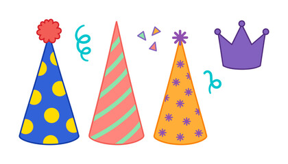 Obraz premium Colorful Birthday Party Hats and Tiara Crown Vector Set Featuring Polka Dots Stripes Confetti and Streamers for Celebration and Event Graphic Designs