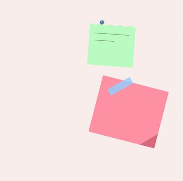 Two colorful paper sticky notes with a push pin and adhesive tape attached to a flat surface for office organization and creative reminders in a simple minimal vector style
