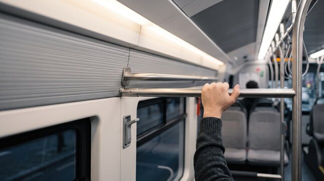 Passenger hand holding metal safety rail inside modern subway train carriage, empty seats and window view, urban public transport and commuting concept.