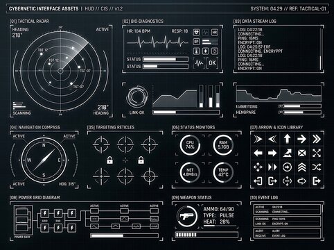 Sci-fi hud interface asset collection with monochromatic digital control panels sci fi interface dashboard futuristic monochrome analytics computer software