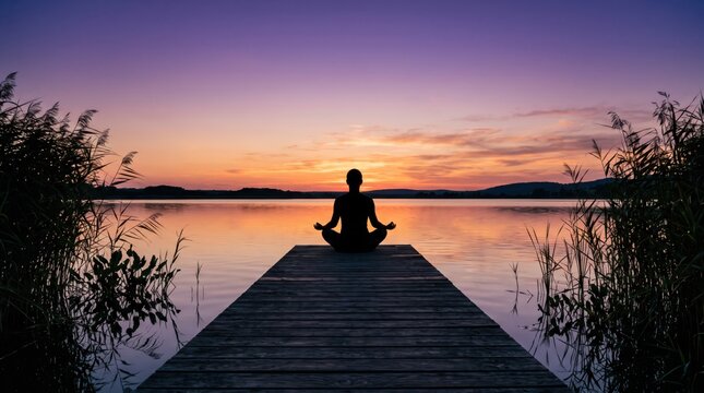 Silhouette of person meditating on wooden dock at sunset over calm lake, symbolizing peace, mindfulness and spiritual balance in nature