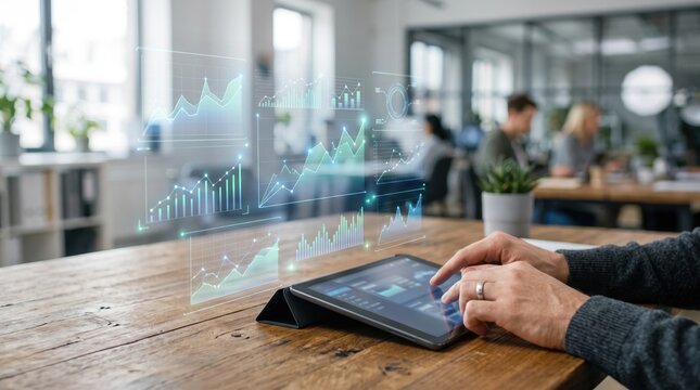Person using tablet computer with futuristic holographic financial charts and graphs projection, modern office workspace environment, business technology data analysis interface