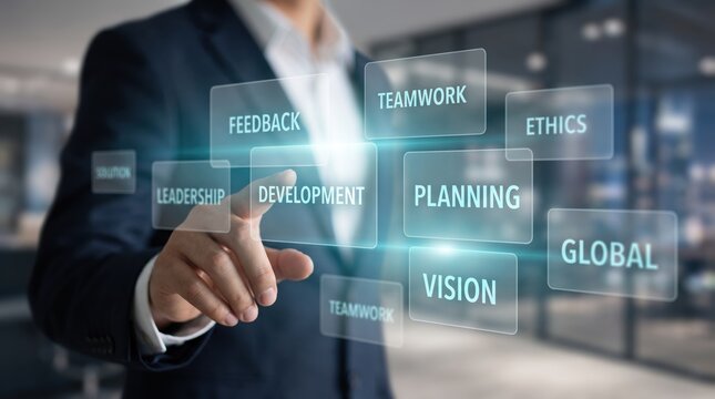 Businessman touching virtual floating keywords like teamwork, planning, vision on holographic interface, corporate strategy for leadership development and global ethics management