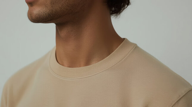Close up man shoulder neckline plain crew neck shirt neutral background