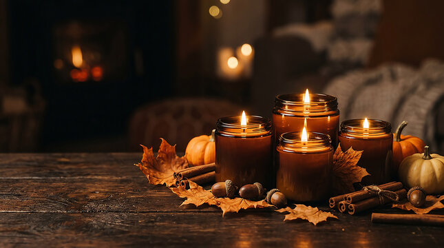 Autumn cozy candles and pumpkins for seasonal decoration
