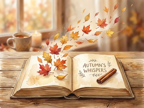 Open vintage book with autumn maple leaves flying out and cup of tea on wooden table cinnamon interior background literature education lifestyle
