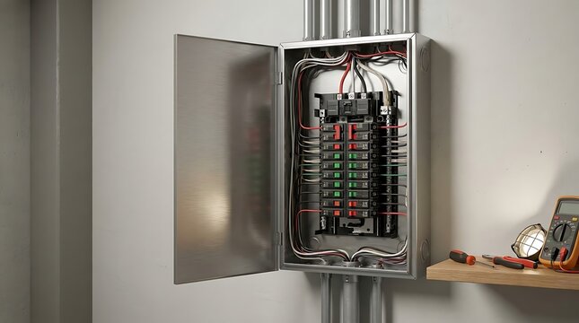 Open electrical panel, wires, and circuit breakers visible, crucial for power distribution and safety in buildings. Nearby tools imply maintenance is in progress