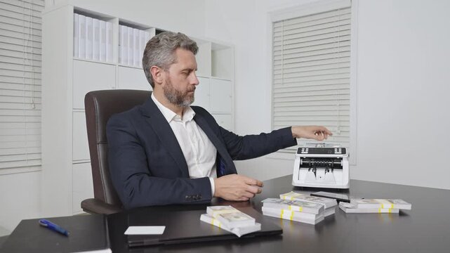 Banker counting money in office. Financial control. Money operation in bank office. Business man in money counting process. Banker and currency. Office worker counting cash. Banking process with cash.