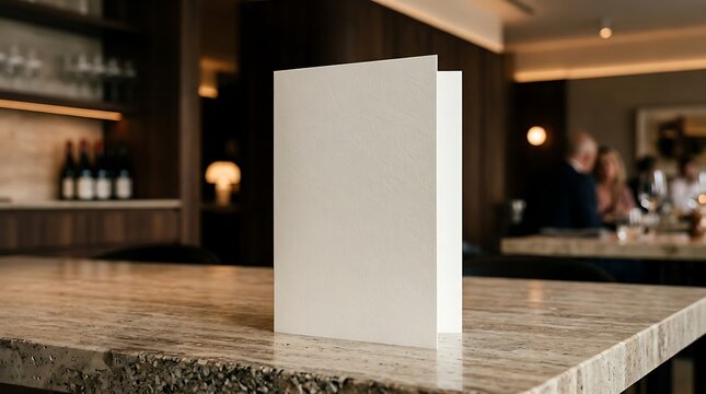 Blank restaurant menu mockup on wooden table with warm lighting and blurred background