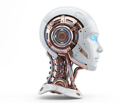 Futuristic humanoid robot head profile showing advanced mechanical and cybernetic engineering with technology futuristic artificial intelligence cybernetic mechanical futurism automation