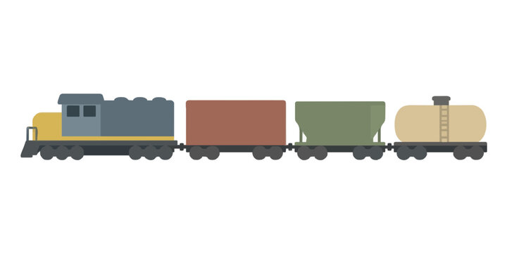 Flat vector icon illustration of a long freight train featuring a powerful locomotive pulling a brown boxcar, a green hopper car, and a tan tanker car for industrial cargo transportation.
