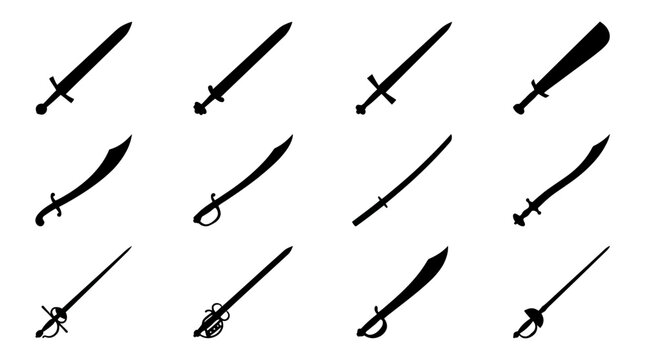 Black silhouettes of diverse swords arranged decoratively, symbolizing history, culture, weaponry, and craftsmanship in design concepts.
