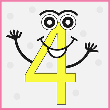 A cute, cartoon-style educational card featuring the number 4 in yellow, designed to teach mathematics to children.