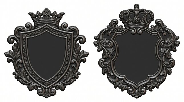 Two ornate black metal heraldic shields with crowns and intricate baroque filigree details isolated on a white background, featuring gothic scrolls and elegant medieval craftsmanship.