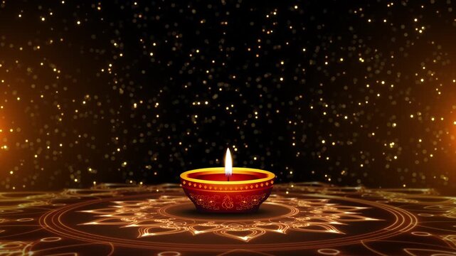 Sacred oil lamp burns intricate festive floor golden floating dust. Deepawali wishes, puja visuals, meditation content, devotional programs, cultural ceremonies, spiritual intros, Indian celebration