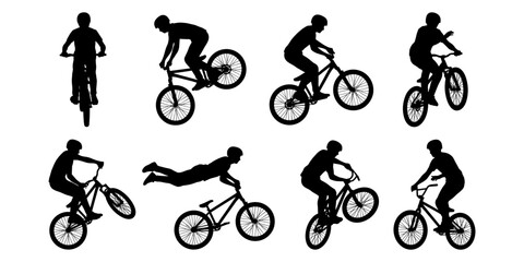 Fototapeta premium Set of black silhouettes of cyclists performing stunts on mountain bikes and bmx