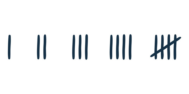 Hand drawn tally marks counting from one to five, isolated on a white background