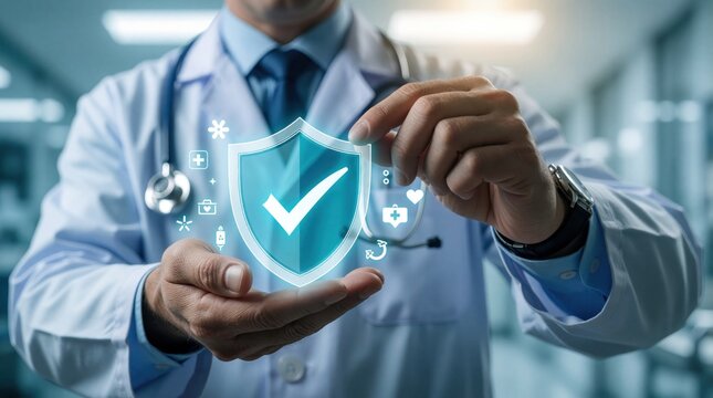 Male doctor holds glowing blue shield icon with check mark in hand. Medical pro protects patient health using digital insurance technology. Healthcare worker provides secure medical service, safety