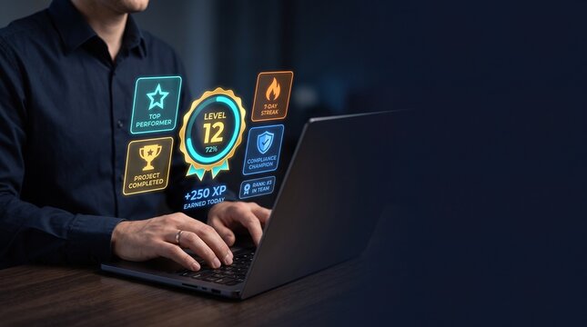 Enterprise gamification dashboard showing employee progress, achievement badges, team ranking, XP rewards, performance motivation, and workplace engagement technology with clean copy space