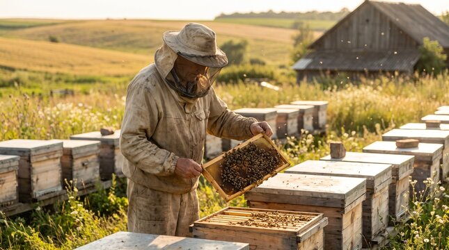 Male beekeeper inspecting wooden hive frames in apiary field, bee farming and agriculture harvest concept, beekeeper work and honey production