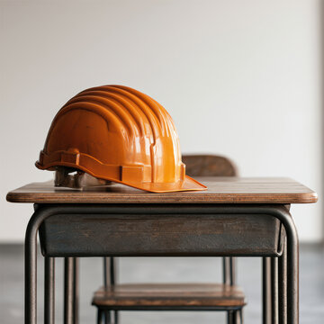 Construction helmet on wooden school desk, industrial safety concept, empty classroom, education and work preparation, calm atmosphere