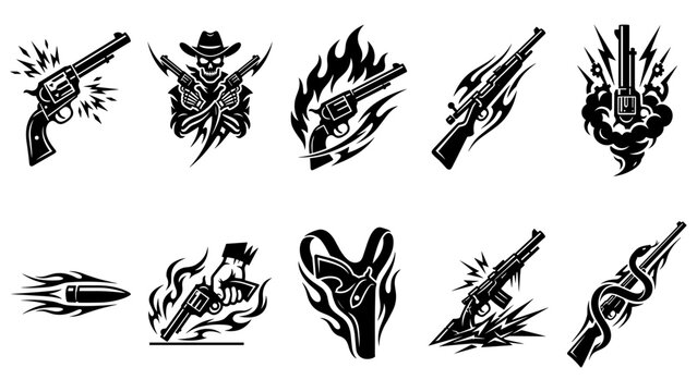 Vintage guns and revolvers silhouette vector icon set with skeleton cowboy crossed pistols bullets holster and tribal flames for wild west hunting tattoo design
