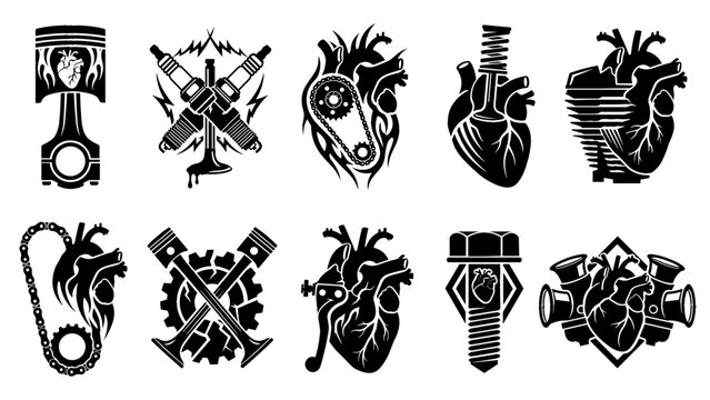 Mechanical engine human heart vector icon set with pistons spark plugs timing belt chain and bolt for automotive garage motorcycle racing tattoo design
