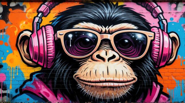 Graffiti art shows monkey face with pink headphones and sunglasses. Colorful urban mural on brick wall depicts cool ape enjoying music with vibrant background paint splashes.