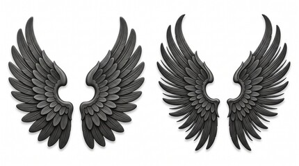 Fototapeta premium Two pairs of highly detailed black 3D angel wings with intricate feathers isolated on a clean white background, featuring realistic shadows and a gothic aesthetic for mystical or dramatic designs.