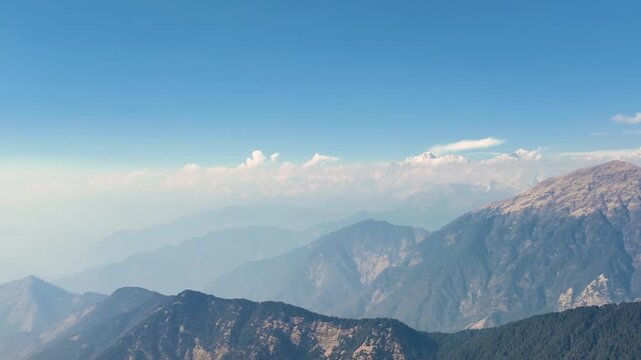 Panoramic view of Himalayan mountain ranges near Tungnath temple in Chopta Uttarakhand.