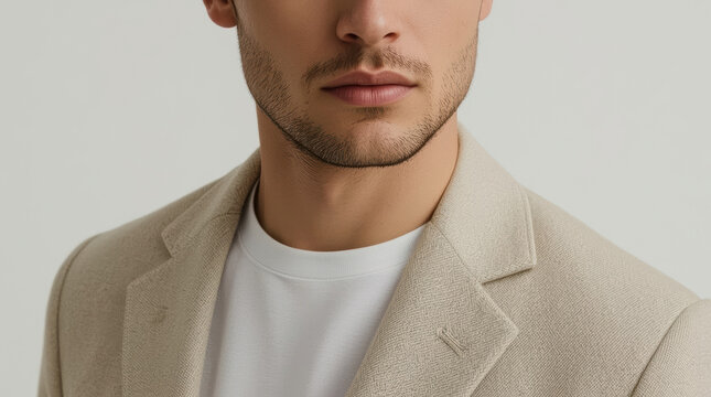 Stylish man upper torso jawline beige blazer white shirt portrait