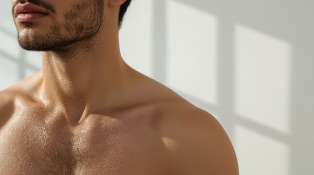 Male shoulder and collarbone in sunlight with natural facial hair detail