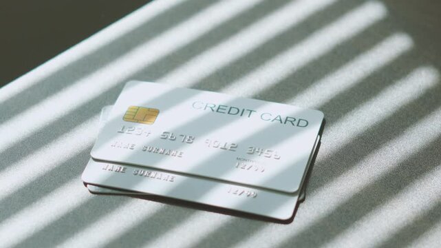 Secure online payment, Slow motion Drop multiple Credit card stacked on wooden desk under window blind shadow. Financial Debt Business concept.
