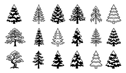 Obraz premium Collection of various black and white pine tree illustrations in different styles