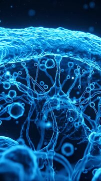 Microscopic View of Glowing Blue Biological Cell Structures - This video showcases a detailed microscopic view of interconnected biological cell structures with a luminous blue glow.