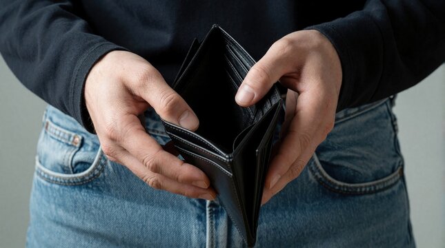 Close up of person holding empty black leather wallet. Man opens billfold with hands in blue jeans to show no money inside. Concept of poverty, financial crisis, budget problem, bankruptcy lack of