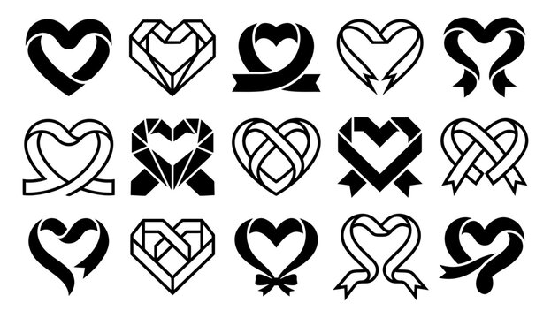 Collection of black heart icons and symbols in various elegant designs and styles