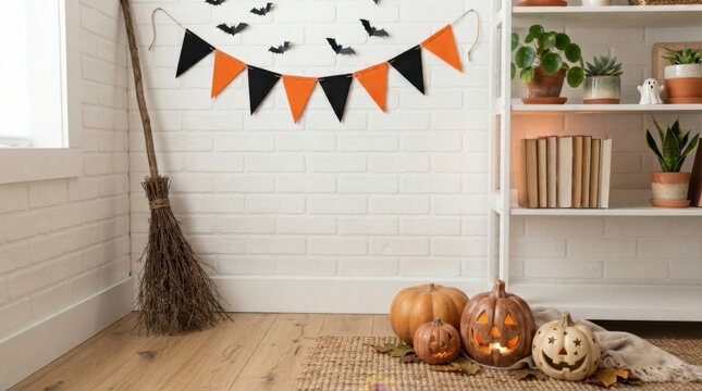 Cozy Autumn Room Decor with Brooms Pumpkins