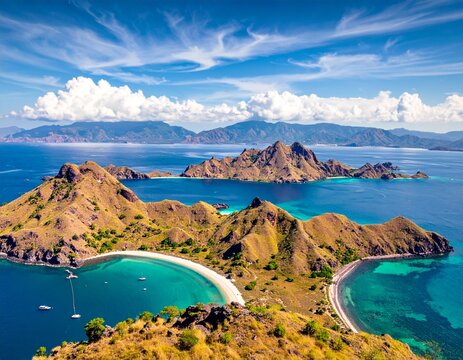 Padar island panoramic viewpoint scenic tropical bays ocean landscape komodo indonesia asset