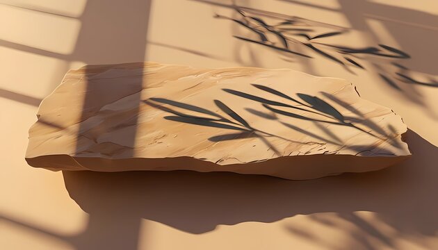 Genuine DSLR photograph of warm sandstone slab with natural olive branch sunlight shadow