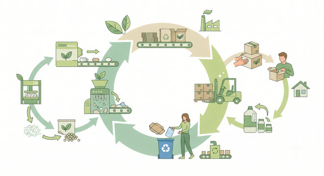Circular Economy Recycling Process Infographic with Packaging and Supply Chain