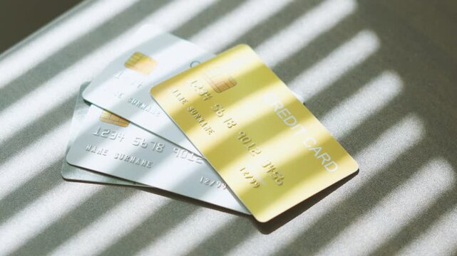 Digital banking decisions, multiple credit cards assortment s on workplace desk. credit financial concept.