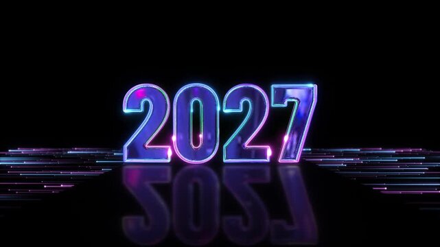 Bold 2027 digits neon glossy dark stage sleek light lines. for futuristic New Year reveals, annual launches, 19 presentations, business campaigns, midnight events, digital celebration