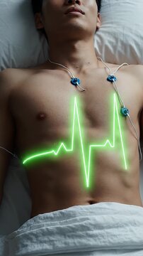 Patient with ECG Heartbeat Overlay on Torso - A close-up, overhead view shows a bare-chested man lying in bed with electrodes attached to his chest.