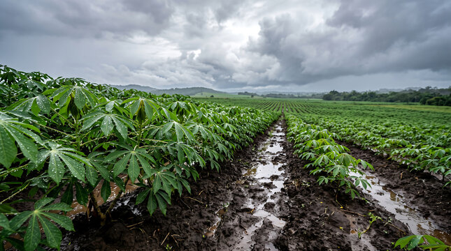 Rows of green cassava plants in a muddy field under a dark, overcast, stormy sky with rain-soaked soil and puddles in the furrows