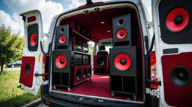 White van interior packed with powerful speaker systems and audio equipment. Red carpeting lines the cargo space. Pro sound setup ready for events or parties outdoors.
