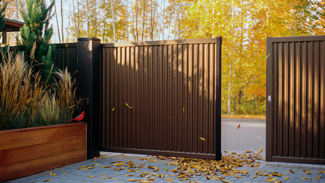 Partial view of an open corrugated metal driveway gate during autumn with corrugated, driveway
