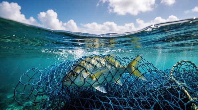 Single fish trapped in blue fishing net underwater in clear ocean water. Illegal commercial fishing gear catches marine life in sea habitat. Environmental crisis shows overfishing problem,